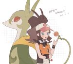  1girl baseball_cap black_vest blue_eyes blush breasts brown_hair closed_mouth commentary_request flower hat high_ponytail highres hilda_(pokemon) hime_(himetya105) holding holding_pokemon long_hair open_clothes open_mouth open_vest plant poke_ball_print pokemon pokemon_(creature) pokemon_bw ponytail red_eyes serperior shirt sidelocks simple_background smile snake tepig vest vines white_shirt wristband 