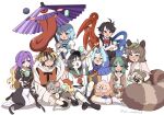  6+girls :3 animal_ears arm_support asymmetrical_wings bead_necklace beads black_dress black_hair black_shoes black_thighhighs blonde_hair blue_hair blue_hood blue_vest blush blush_stickers bow bowtie brown_dress capelet closed_eyes commentary_request cross-laced_clothes cross-laced_dress crossed_ankles crossed_arms cup dog_ears dog_girl dress drunk fang futatsuiwa_mamizou gradient_hair green_eyes grey_hair hagoromo hair_ornament half-closed_eyes highres hijiri_byakuren hishaku holding holding_cup holding_umbrella jewelry jitome juliet_sleeves karakasa_obake kasodani_kyouko kepona kumoi_ichirin leaf_hair_ornament long_hair long_sleeves looking_at_viewer lotus_hair_ornament mouse_ears mouse_girl mouse_tail multicolored_hair multiple_girls murasa_minamitsu nazrin neckerchief necklace nue one_eye_closed open_mouth orange_vest pants parted_bangs pince-nez pink_capelet pointy_ears puffy_sleeves purple_hair raccoon_ears raccoon_girl raccoon_tail red_bow red_bowtie red_eyes red_neckerchief red_pendant round_eyewear sailor_collar sailor_shirt seiza shawl shirt shoes short_hair shorts simple_background sitting sleeping sleeping_on_person sleeveless sleeveless_dress smile snake socks straight-on sweatdrop tail tareme tatara_kogasa thighhighs toramaru_shou touhou two-tone_dress two-tone_hair umbrella undefined_fantastic_object unzan vest white_background white_dress white_pants white_shirt white_shoes white_shorts white_socks wings 