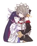  ! !! 2girls bare_shoulders black_collar black_hair black_sleeves blue_eyes blush bonnet bow breasts brown_hair closed_eyes closed_mouth collar columbina_(genshin_impact) commentary_request detached_collar detached_sleeves dress eye_mask gears gem genshin_impact gloves hair_bow hair_ornament head_wings headdress hug long_hair long_sleeves marureenu mask multicolored_hair multiple_girls multiple_wings musical_note purple_hair purple_streaks red_gem ribbon sandrone_(genshin_impact) see-through_clothes see-through_mask short_hair_with_long_locks simple_background smile streaked_hair two-tone_hair very_long_hair white_background white_dress white_gloves white_headdress white_mask white_wings winding_key wing_hair_ornament wings x-shaped_eyewear yuri 