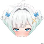  2girls absurdres ahoge blank_censor blue_eyes censored commentary cunnilingus densetsu.exe dot_nose dsuzu english_commentary green_hair hair_intakes highres implied_cunnilingus long_hair looking_at_viewer maid_headdress meme mint_fantome multiple_girls negative_space_cunnilingus_(meme) oral short_twintails simple_background solo_focus twintails virtual_youtuber white_background white_hair yuri 