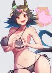  1girl absurdres animal_ears bandaid bandaid_on_face bikini black_bikini black_hair breasts cleavage commentary ear_ornament grey_background groin heart heart_hands heart_tail highres horse_ears horse_girl horse_tail kinunezu_(taishin_315) large_breasts looking_at_viewer medium_hair navel open_mouth red_eyes simple_background smile solo spoken_heart swimsuit tail umamusume untranslatable_commentary winning_ticket_(umamusume) 