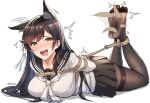  1girl absurdres animal_ear_fluff atago_(azur_lane) azur_lane bdsm black_hair black_sailor_collar black_skirt blush bondage bound bound_ankles bound_arms bound_wrists breasts brown_hair brown_pantyhose chieftain_art13 commentary commission crying crying_with_eyes_open english_commentary feathers feet feet_up full_body gradient_hair highres large_breasts legs long_hair long_sleeves looking_at_viewer lying miniskirt mole mole_under_eye motion_lines multicolored_hair no_shoes on_stomach open_mouth pantyhose sailor_collar shibari shirt simple_background skirt soles solo swept_bangs tears the_pose thighband_pantyhose thighs tickling tickling_feet toes twitter_username very_long_hair white_background white_shirt yellow_eyes 