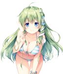  ahoge ass_visible_through_thighs bangs bare_arms bare_shoulders bikini blue_bikini blue_eyes blush breasts collarbone commentary_request cowboy_shot eyebrows_visible_through_hair food frog_hair_ornament front-tie_bikini front-tie_top green_hair hair_ornament hair_tubes hand_up holding holding_food kochiya_sanae large_breasts leaning_forward long_hair looking_at_viewer miyase_mahiro navel popsicle scrunchie side-tie_bikini simple_background smile snake_hair_ornament solo standing stomach striped striped_bikini swimsuit touhou very_long_hair white_background wrist_scrunchie 