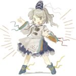  1girl black_ribbon blue_eyes blue_hat blue_ribbon blue_shoes blue_skirt commentary_request cross-laced_headwear emphasis_lines filia_(sonzione807560) footwear_ribbon full_body grey_hair hands_up hat hat_ribbon highres japanese_clothes kariginu legs_apart long_hair looking_at_viewer mononobe_no_futo open_mouth pom_pom_(clothes) ponytail red_ribbon ribbon shoes simple_background skirt smile solo standing tate_eboshi ten_desires touhou white_background white_ribbon wide_sleeves yellow_ribbon zun_pose 