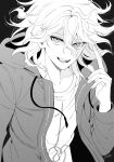  1boy absurdres black_background commentary_request crew_neck danganronpa_(series) danganronpa_2:_goodbye_despair hair_between_eyes highres hood hood_down hooded_jacket index_finger_raised jacket komaeda_nagito long_hair long_sleeves looking_at_viewer male_focus open_mouth print_shirt round_teeth ryousuke_(tukr5384) shirt simple_background smile solo teeth unzipped upper_body upper_teeth_only 