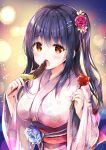  bangs blush breasts brown_eyes candy_apple chocolate_banana commentary_request eyebrows_visible_through_hair fingernails floral_print flower food hair_between_eyes hair_flower hair_ornament hands_up hisama_kumako holding holding_food japanese_clothes kimono long_hair long_sleeves medium_breasts obi one_side_up open_mouth original pink_kimono print_kimono purple_hair red_flower red_rose rose sash solo very_long_hair wide_sleeves yukata 