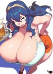  absurdres alternate_breast_size_(larger) bare_shoulders beer_mug blue_eyes blue_hair breasts cleavage collarbone cup fire_emblem fire_emblem_awakening gigantic_breasts gold_hairband hair_between_eyes hairband hand_on_own_hip highres holding holding_tray hooters long_hair looking_at_viewer lucina_(fire_emblem) mewmaster93 mug open_mouth orange_shoes orange_shorts shirt shoes shorts smile thighs tray white_shirt 