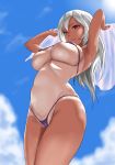  armpits arms_up bikini black_bikini breasts cameltoe cloud commentary_request day highleg highleg_bikini holding_clothes large_breasts lips long_hair micro_bikini navel original parted_lips purple_bikini red_eyes ribs silver_hair skindentation sky solo standing stomach sun swimsuit tan tanline tomiokasena 