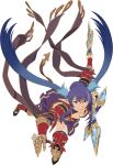  1girl alternate_costume armor artist_request blue_hair breasts cleavage cosplay full_body game_cg gauntlets granblue_fantasy highres holding holding_polearm holding_weapon judith_(tales) long_hair looking_at_viewer medium_breasts multicolored_hair official_art pointy_ears polearm purple_eyes purple_hair red_armor smile solo spear tales_of_(series) tales_of_asteria tales_of_vesperia third-party_source transparent_background twintails two-tone_hair very_long_hair weapon zeta_(granblue_fantasy) 