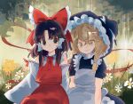  2girls apron ascot blonde_hair blue_flower bow braid brown_eyes brown_hair closed_mouth commentary detached_sleeves flower frilled_bow frilled_hair_tubes frills grin hair_bow hair_tubes hakurei_reimu hashtag-only_commentary hat hat_bow highres kirisame_marisa kouyicha long_hair multiple_girls pink_flower red_ascot red_bow red_skirt ribbon-trimmed_sleeves ribbon_trim side_braid single_braid skirt skirt_set smile touhou twitter_username white_bow witch_hat yellow_eyes yellow_flower 