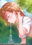 1girl absurdres bent_over blush brown_hair brown_sweater_vest brown_vest closed_eyes collared_shirt drinking drinking_fountain faucet hair_between_eyes highres isshi_pyuma medium_hair misaka_mikoto outdoors scan school_uniform shirt short_sleeves solo summer_uniform sweater_vest toaru_kagaku_no_railgun toaru_majutsu_no_index tokiwadai_school_uniform tree tucking_hair upper_body v-neck vest white_shirt 