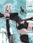  1girl a2_(nier:automata) abstract_background android armlet armpit_peek bare_shoulders black_armlet black_gloves black_panties black_tank_top black_thighhighs blue_background blue_eyes breasts building carrying character_name copyright_name cowboy_shot elbow_gloves english_text frown gloves hair_between_eyes hair_over_one_eye highres holding holding_sword holding_weapon huge_weapon jewelry lips looking_ahead looking_to_the_side medium_breasts mole mole_under_mouth narrow_waist nier:automata nier_(series) non-humanoid_robot panties parted_lips piggyback pink_lips pod_(nier:automata) robot short_hair signature solo striped_background sword tank_top thighhighs thighs toned toned_female trizziefrizzie twitter_username underwear weapon white_hair zettai_ryouiki 