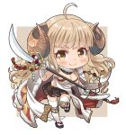  1girl ahoge anila_(granblue_fantasy) black_sandals black_skirt blonde_hair blunt_bangs blush breasts cape chibi chibi_only cleavage closed_mouth commentary_request curled_horns detached_collar draph dress full_body fur-trimmed_cape fur-trimmed_collar fur_trim gloves granblue_fantasy granblue_fantasy_versus:_rising haniwa_(leaf_garden) highres holding holding_polearm holding_weapon horns long_hair looking_at_viewer miniskirt naginata okobo pelvic_curtain platform_sandals pleated_skirt polearm sandals sheep_horns skirt smile solo strapless strapless_dress tabi thick_eyebrows thighhighs two-sided_cape two-sided_fabric weapon white_cape white_dress white_gloves white_thighhighs yellow_eyes 