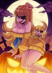  1girl absurdres artist_request bare_shoulders blonde_hair blue_background blue_bow blue_eyes bottomless bow breasts cleavage collarbone evil_smile eyepatch food food-themed_hair_ornament fruit full_moon graveyard hair_ornament halloween highres indie_virtual_youtuber jack-o'-lantern large_breasts lemon lemon_hair_ornament lemon_slice long_hair long_sleeves looking_at_viewer mini_lemon_(vannamelon) moon nail_polish night no_pants off-shoulder_sweater off_shoulder original pumpkin sharp_teeth shiny_skin shoes sitting smile solo stuffed_toy sweater teeth tombstone tongue tongue_out yellow_nails yellow_shoes yellow_sweater 