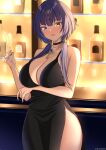  1girl absurdres ankh arm_under_breasts artist_name bar_(place) black_choker black_dress black_hair blue_eyes blue_nails breasts candace_(genshin_impact) champagne_flute choker collarbone cup dress drinking_glass english_commentary evening_gown genshin_impact heterochromia highres maru.selinn nail_polish open_mouth side_slit smile solo yellow_eyes 