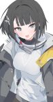  1girl :d absurdres arknights arknights:_endfield black_coat black_hair blunt_bangs blush breasts coat commentary_request dot_nose endministrator_(arknights) female_endministrator_(arknights) grey_eyes hair_ornament highres looking_at_viewer medium_breasts open_clothes open_coat partial_commentary ribbed_sweater short_hair simple_background smile solo sweater undershirt white_background white_sweater yuuko_(oruta) 