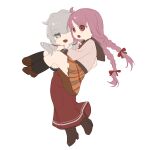  black_socks braid carrying chinese_commentary commentary_request full_body grey_hair himuro_lavi kui_kui_jiang magia_record:_mahou_shoujo_madoka_magica_gaiden mahou_shoujo_madoka_magica one_eye_closed open_mouth partial_commentary pink_hair plaid_clothes plaid_skirt princess_carry red_eyes red_skirt satomi_nayuta simple_background skirt socks transparent_background twin_braids 