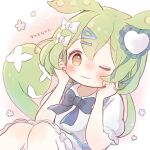  1girl blush bow bowtie commentary_request green_hair hair_between_eyes highres koinoringo low_ponytail one_eye_closed partial_commentary pea_pod ponytail solo voiceroid voicevox yellow_eyes zundamon 