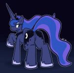 1_horn 2026 anus blue_body blue_eyes blue_fur blue_hair butt clitoris equid equine feathers female feral friendship_is_magic frown fur genitals grey_hooves hair half-closed_eyes hasbro hi_res hooves horn long_horn looking_back mammal my_little_pony mythological_creature mythological_equine mythology narrowed_eyes princess_luna_(mlp) pupils purple_body purple_feathers purple_fur purple_hair purple_vulva raised_leg rear_view solo thick_thighs ultilix vulva winged_unicorn wings