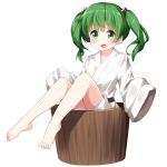  bangs barefoot belt black_belt blush bucket collarbone commentary_request green_eyes green_hair in_bucket in_container japanese_clothes kimono kisume knees_up long_sleeves looking_at_viewer open_mouth ruu_(tksymkw) short_hair short_kimono simple_background sitting sleeves_past_fingers sleeves_past_wrists smile solo thighs touhou twintails white_background white_kimono wide_sleeves wooden_bucket 