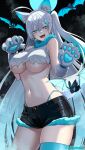  1girl ahoge animal_ear_fluff animal_ear_hairband animal_ears animal_hands artist_name bare_shoulders bat_(animal) bat_wings black_background black_shorts blue_eyes blue_hair blue_moon blue_panties breasts claw_pose claws cleavage commentary_request crescent crescent_hair_ornament crop_top fake_animal_ears fangs full_moon fur-trimmed_collar fur-trimmed_shorts fur_trim gloves hair_ornament hairband hands_up head_tilt highleg highleg_panties highres huge_ahoge ironatsuki large_breasts long_hair looking_at_viewer midriff moon multicolored_hair navel open_mouth original panties panty_straps paw_gloves shirt short_shorts shorts sleeveless sleeveless_shirt slit_pupils smile solo standing steam teeth thigh_strap thighs torn_clothes torn_shirt underboob underwear upper_teeth_only very_long_hair white_hair white_shirt wings 