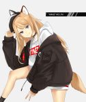  animal_ears baseball_cap blonde_hair blue_eyes character_name collar commentary_request dog_ears dog_tail hat hat_tip hat_with_ears highres hood hood_down hoodie jacket kmnz long_hair mc_lita no_pants off_shoulder seka_(nearfark) smile tail v virtual_youtuber 