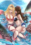  2girls :o absurdres akimio bare_shoulders beatrix_(granblue_fantasy) bikini blonde_hair blue_bikini blue_eyes blush breasts brown_eyes brown_hair cleavage collarbone commentary_request granblue_fantasy highres large_breasts long_hair looking_at_viewer multiple_girls navel o-ring o-ring_bikini o-ring_top ocean one_eye_closed partially_submerged red_bikini side-tie_bikini_bottom swimsuit thighs water wavy_mouth wet zeta_(granblue_fantasy) 