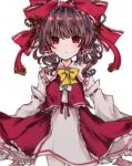  blush bow commentary_request dress hair_between_eyes hair_ribbon hakurei_reimu long_hair long_sleeves looking_at_viewer multicolored multicolored_clothes multicolored_dress red_bow red_eyes red_hair red_ribbon ribbon sato_imo solo touhou white_background yellow_bow 