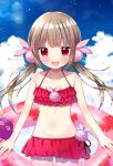  &gt;_&lt; :d bangs bare_arms bare_shoulders bikini bikini_skirt blue_sky blush bunny_hair_ornament cloud cloudy_sky collarbone commentary_request cowboy_shot day eyebrows_visible_through_hair fang hair_ornament innertube light_brown_hair long_hair low_twintails natori_sana navel open_mouth outdoors pink_innertube print_innertube red_bikini red_eyes sana_channel sky smile solo standing swimsuit transparent twintails uchuuneko very_long_hair virtual_youtuber 