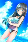  asashio_(kantai_collection) ball bangs beachball bikini black_hair blue_eyes blue_sky blush breasts closed_mouth cloud cloudy_sky comah commentary_request day dutch_angle eyebrows_visible_through_hair hair_between_eyes highres kantai_collection long_hair looking_at_viewer navel ocean outdoors side-tie_bikini sky small_breasts smile striped striped_bikini swimsuit thighs 