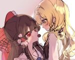  2girls black_vest blonde_hair blush bow brown_hair chocolate closed_mouth commentary_request food_in_mouth frilled_bow frilled_hair_tubes frills hair_bow hair_tubes hakurei_reimu kirisame_marisa long_hair mouth_hold multiple_girls no_headwear red_bow red_eyes sketch sweatdrop touhou unfinished valentine vest yellow_eyes yomogi_9392 yuri 