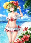  :d bare_shoulders bikini blue_sky blush bow breasts cleavage cloud collarbone commentary day eyebrows_visible_through_hair feet_out_of_frame flower frilled_bikini frills green_hair groin hair_between_eyes hand_on_headwear hand_up hat hat_flower hibiscus highres kazami_yuuka large_breasts lens_flare looking_at_viewer nail_polish navel ocean off_shoulder open_mouth outdoors red_bow red_eyes red_flower red_nails sand scrunchie shiny shiny_skin shironeko_yuuki short_hair sky smile solo sparkle standing stomach sun_hat swimsuit thighs touhou water white_bikini wrist_scrunchie yellow_hat 