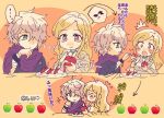  1girl apple blonde_hair brown_hair chibi cloak food fruit gloves grey_hair jewelry kiriya_(552260) long_hair octopath_traveler ophilia_(octopath_traveler) scarf short_hair simple_background smile therion_(octopath_traveler) translation_request 