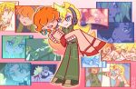 1boy 1girl blonde_hair blue_eyes blush breasts brief_(psg) brief_(psg)_(cosplay) chinese_commentary chinese_text cleavage comic_panel_redraw commentary_request cosplay costume_switch couple crop_top derivative_work dress earrings freckles green_hoodie hair_over_eyes hair_pulled_back happy headphones hetero highres hood hoodie hoop_earrings jewelry long_hair midriff multicolored_hair official_style open_mouth orange_hair pants panty_&amp;_stocking_with_garterbelt panty_(psg) panty_(psg)_(cosplay) proton_pack red_dress school_uniform screenshot_redraw smile tuxedo two-tone_hair valentine yngjinhn290201 