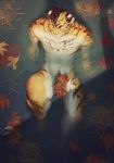  2017 anthro black_hair convenient_censorship feline fur hair hi_res leaf male mammal muscular muscular_male nude partially_submerged ramenbeny solo striped_fur stripes tiger water 