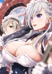  apron areola_slip areolae azur_lane bangs belfast_(azur_lane) blue_eyes blue_sky blurry blurry_foreground blush braid breasts broom chain cleavage closed_mouth collarbone commentary_request d_kurouri day depth_of_field double-breasted dress elbow_gloves expressionless eyebrows_visible_through_hair french_braid frilled_gloves frills gauntlets gloves hair_over_one_eye hand_on_own_head highres holding holding_broom large_breasts long_hair long_sleeves maid maid_headdress multiple_girls nipple_slip nipples open_mouth outdoors petals sheffield_(azur_lane) short_hair sidelocks silver_hair sky smile underbust yellow_eyes 