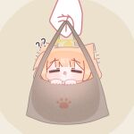  1girl ? ?? absurdres animal_ear_fluff animal_ears bag blue_archive blush chibi closed_eyes commentary drooling english_commentary halo hands_up highres horuhara in_bag in_container mari_(blue_archive) no_nose orange_hair paw_print saliva simple_background solo_focus tongue tongue_out tote_bag yellow_halo 