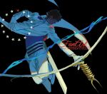  1boy arjuna_(archer)_(fate) arjuna_(fate) azisaiharumaki56 black_background black_hair bow bow_(weapon) closed_eyes commentary dark-skinned_male dark_skin english_text fate/grand_order fate_(series) floating full_body gloves highres long_sleeves looking_down pants parted_lips short_hair simple_background solo star_(symbol) striped_clothes striped_pants untranslatable_commentary weapon white_gloves white_pants 