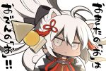  1girl :&lt; ahoge angeltype animal_ears bangs black_bow black_jacket bow chibi closed_mouth commentary_request curled_tail dark_skin dog_ears dog_girl dog_tail eyebrows_visible_through_hair eyes_visible_through_hair fate/grand_order fate_(series) floating_hair food foreshortening grey_eyes grey_hair hair_between_eyes hair_bow hair_ornament half_updo holding holding_food jacket jitome kemonomimi_mode long_hair long_sleeves looking_at_viewer oden okita_souji_(alter)_(fate) okita_souji_(fate)_(all) open_clothes open_jacket outstretched_arm short_over_long_sleeves short_sleeves sidelocks simple_background solo standing tail tassel translation_request v-shaped_eyebrows very_long_hair white_background 