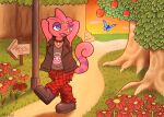 3_horns animal_crossing anthro apple_tree arrow_sign black_boots black_clothing black_footwear black_jacket black_topwear blue_butterfly blue_eyes boots bottomwear chameleon clothing collar dirt dirt_path flannel flannel_pants flick_(animal_crossing) flower footwear fruit_tree grass grey_clothing grey_shirt grey_topwear hands_behind_head horn jacket jacket_vest lizard male multi_horn nintendo open_mouth open_smile pants plant plateau pole psykwol purple_body purple_eyelids purple_stripes red_body red_bottomwear red_clothing red_flower red_pants reptile scalie shirt shoes shrub sign sleeveless_jacket smile solo stairs stripes sunrise tail topwear tree vest walking wood wood_sign