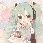  aqua_eyes aqua_necktie birthday_cake black_sleeves cake commentary_request detached_sleeves english_text food hatsune_miku headphones headset highres holding holding_cake holding_food koinoringo necktie number_tattoo open_mouth partial_commentary shirt sleeveless sleeveless_shirt tattoo twintails vocaloid 