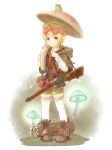  absurdres backpack bag bedroll blonde_hair blue_eyes boots braid commentary frilled_legwear frog full_body giant_mushroom glowing_mushroom gun hat highres holding log mushroom original rifle short_hair short_shorts shorts snail solo suzushiro_(gripen39) thighhighs twin_braids weapon 