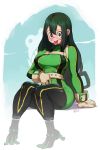  amphibian animal_humanoid asui_tsuyu black_eyes black_hair bodysuit breasts clothed clothing costume female frog_humanoid fully_clothed gloves green_clothing hair hair_rings humanoid kollerss legwear long_hair looking_at_viewer nipple_bulge pink_tongue sitting skinsuit solo superhero thick_thighs tight_clothing tongue tongue_out white_pupils wide_hips 