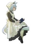  1girl absurdres animal_ears apron black_dress blue_eyes blue_hair blush book breasts closed_mouth commentary_request dress full_body hair_between_eyes headscarf highres holding holding_book horse_ears horse_girl horse_tail k.s.miracle_(umamusume) long_sleeves maid maid_apron pantyhose saramiao-chan shoes short_hair simple_background sitting tail umamusume white_apron white_background white_headscarf white_pantyhose 