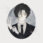  1boy adjusting_clothes adjusting_gloves bare_shoulders black_hair black_jacket black_necktie border closed_mouth collared_shirt commentary_request cracked_mask curtained_hair expressionless gloves grey_background hair_between_eyes highres index_(identity)_(project_moon) jacket lapels limbus_company long_sleeves male_focus mask mask_over_one_eye necktie notched_lapels one_eye_covered parted_bangs portrait project_moon round_border shirt solo white_gloves white_shirt yellow_eyes yi_sang_(project_moon) yionsim 