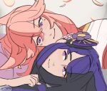  2girls animal_ears artist_name blunt_bangs blush cherry_blossoms closed_mouth clouvu couch english_commentary falling_petals fan_hair_ornament fox_ears fox_girl genshin_impact grey_background hair_between_eyes hair_ornament highres japanese_clothes kimono light_blush light_smile long_hair looking_at_another looking_down looking_up makoto_(genshin_impact) multiple_girls petals pink_eyes purple_eyes purple_hair shade upper_body yae_miko yuri 