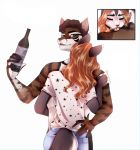  2018 anthro blue_eyes brown_fur brown_hair canine clothed clothing digital_media_(artwork) dog duo female fur hair holding_object kristiana_puff licking male mammal smile tongue tongue_out 