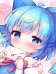  1girl ahoge blue_hair blush cirno closed_mouth coa_(chroo_x) commentary_request heart heart-shaped_pupils highres holding holding_letter letter long_sleeves short_hair symbol-shaped_pupils touhou 
