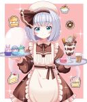  1girl absurdres alternate_costume apron blue_eyes blush bow bowtie brown_bow brown_bowtie brown_dress brown_hairband cake cake_slice character-themed_food closed_mouth commentary_request donut dress enmaided food frilled_dress frills grey_hair hairband hat highres hitodama holding holding_tray juliet_sleeves kochiya_sanae konpaku_youmu konpaku_youmu_(ghost) long_sleeves macaron maid maid_apron medium_hair parfait pink_background pudding puffy_sleeves reimei_(r758120518) reisen_udongein_inaba saigyouji_yuyuko smile solo sparkle touhou tray white_apron white_hat 