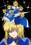  6+girls ahoge armor artist_name artoria_pendragon_(fate) black_background blonde_hair blue_cape blue_dress cape closed_eyes closed_mouth commentary_request covering_face crown diffraction_spikes dress fate/stay_night fate_(series) fur-trimmed_cape fur_trim gauntlets green_eyes hair_bun hair_down hands_on_own_face highres ima_mo_nao_kangaechuu juliet_sleeves lance long_dress long_hair long_sleeves mini_person minigirl multiple_girls multiple_persona on_head polearm portrait puffy_sleeves saber_(fate) saber_lily simple_background single_hair_bun smile sparkle surreal v-shaped_eyebrows weapon 